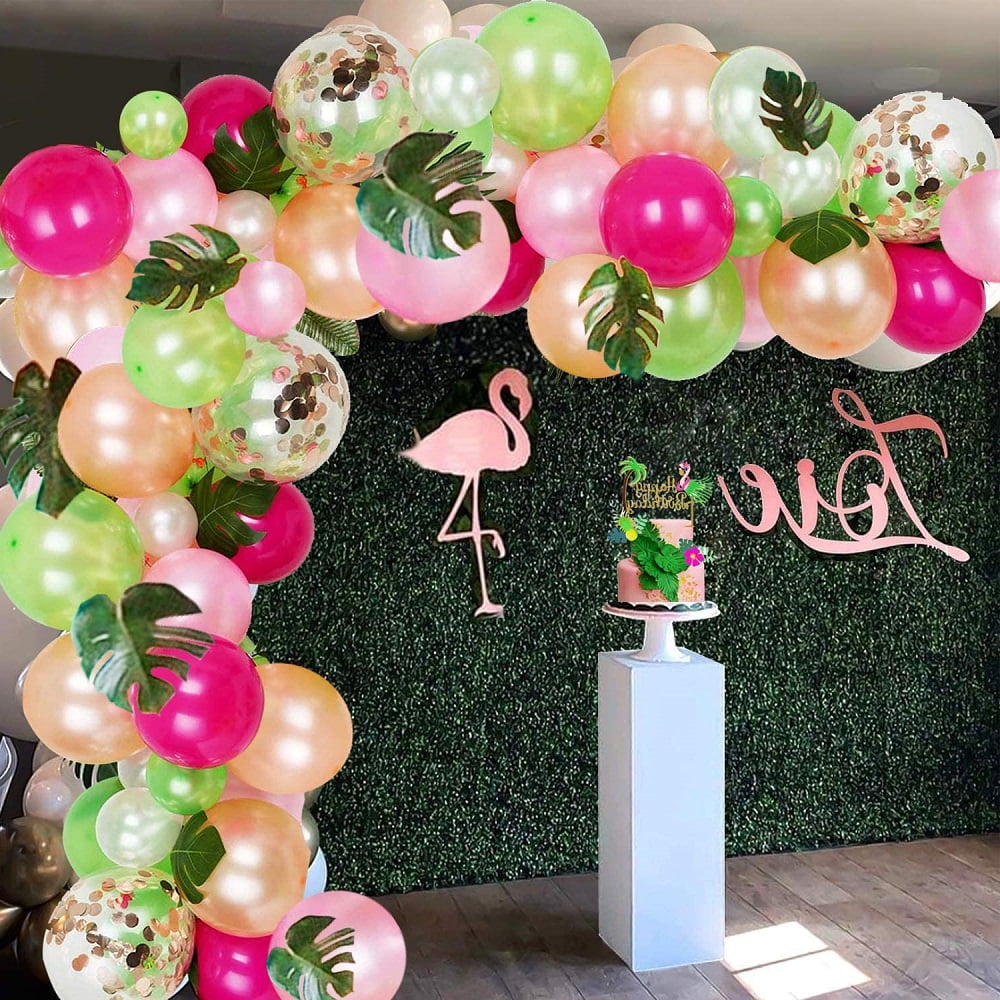 83PCS Tropical Balloons Arch Garland Kit, MUTOCAR Pink Green Gold Confetti Balloons with Palm Leaves for Baby Shower Birthday Hawaii Luau Flamingo Aloha Party Supplies