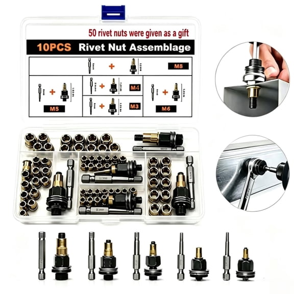 83Pack Rivet Nut Tool Kit, Manual Carbon Steel Rivnut Tool Set with 7 Interchangeable Metric Mandrels: M3, M4, M5, M6, M8, M10, M12, and 70 Rivet Nuts for Automotive Repair and Metal Fabrication