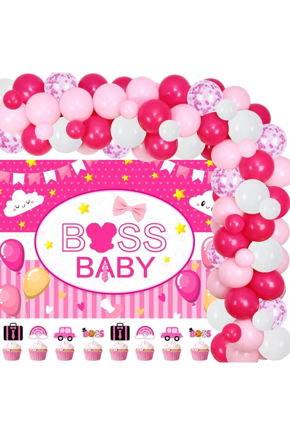 83Pcs Baby Boss Baby Shower Party Decorations Baby Boss Backdrop Rose Red Balloon Arch Garland Kit Car Briefcase Boss Themed Cupcake Toppers Latex Balloons for Girls Baby Shower Party Decor Supplies