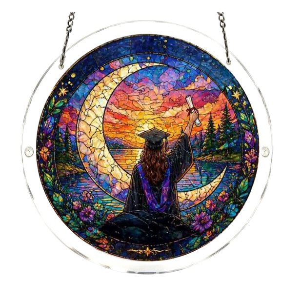 83Pcs Graduation Single Graduate Back View Sunset Crescent Lake Wildflower Stained Glass Pattern Double-Sided Printed Acrylic Puzzle Suncatcher Hanging Ornament (Purple-20CM)