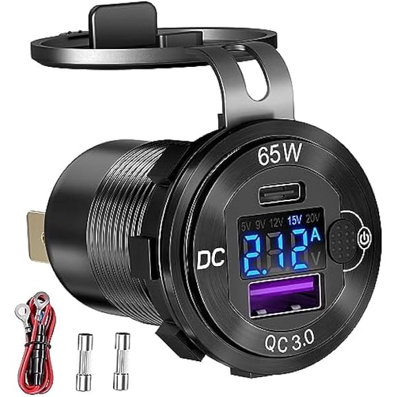 83W 12 Volt USB Outlet Built-in Boost USB C Laptop Car Charger: 65W PD3.0 and 18W QC3.0 Car USB Port Aluminum Socket with Button Switch Smart Voltmeter, Suitable for Car RV Marine Golf Cart