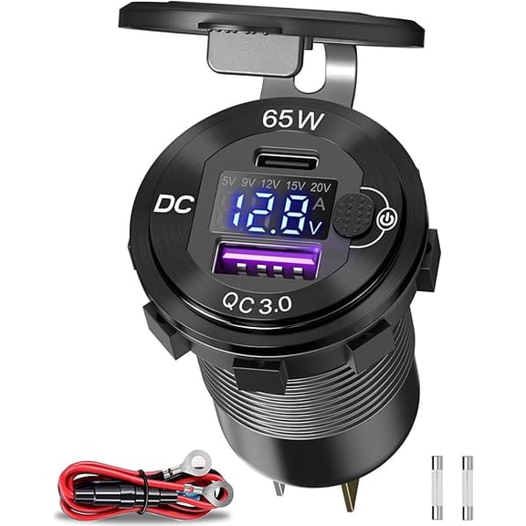 83W 12V USB Power Outlet, Aluminum 65W PD Laptop Charger Socket and 18W QC3.0 Car USB Port with Digital Voltmeter Button Switch Smart Boosting 12V Outlet for Car RV Marine Boat Moto