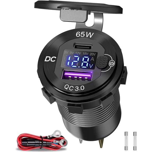 83W 12V USB Power Outlet, MJMJ Aluminum 65W PD Laptop Charger Socket and 18W QC3.0 Car USB Port with Digital Voltmeter Button Switch Smart Boosting 12V Outlet for Car RV Marine Boat Moto