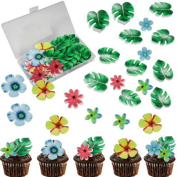 83pcs Edible Tropical Turtle Leaves Flower Cupcake Toppers Wafer Paper Palm Leaf