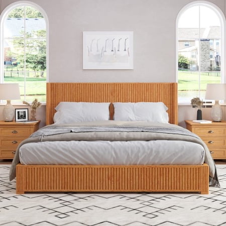 84.21" King Platform Bed Frame, Solid Wood, Wingback Headboard, No Box Spring Needed, Easy Assembly for Bedroom, Natural