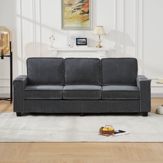 84.25" Modern Sectional Sofa Couch with Cup Holder and Side Pockets, 3-Seater Modular Corduroy Compact Sofa Couches Set for Living Room, Apartment, Home Office, Grey