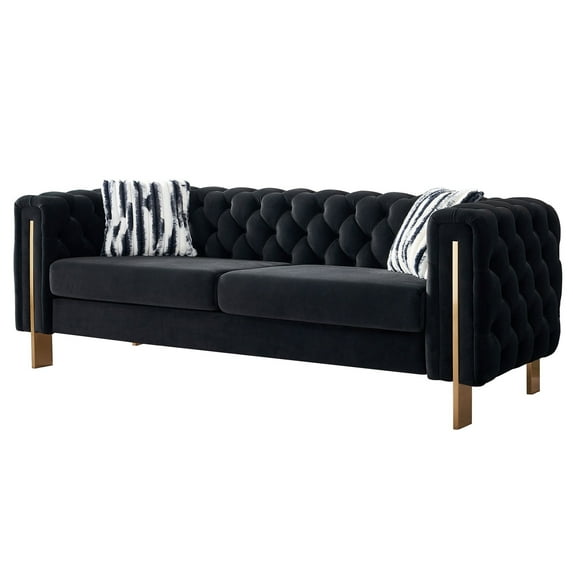 84.25'' Tufted Velvet Sofa, 3-Seater Sofa with 2 Pillows and Armrests, Modern Chesterfield Living Room Sofa Couch for Living Room, Conference Room, Black