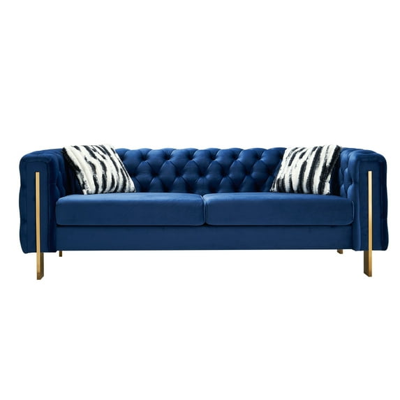 84.25'' Tufted Velvet Sofa, 3-Seater Sofa with 2 Pillows and Armrests, Modern Chesterfield Living Room Sofa Couch for Living Room, Conference Room, Blue