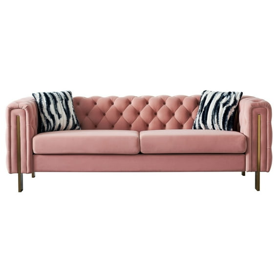 84.25'' Tufted Velvet Sofa, 3-Seater Sofa with 2 Pillows and Armrests, Modern Chesterfield Living Room Sofa Couch for Living Room, Conference Room, Blush