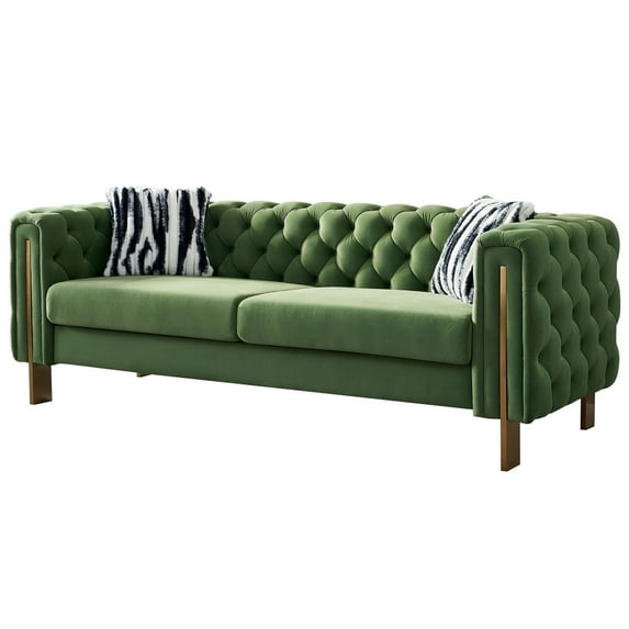 84.25'' Tufted Velvet Sofa, 3-Seater Sofa with 2 Pillows and Armrests, Modern Chesterfield Living Room Sofa Couch for Living Room, Conference Room, Mint Green