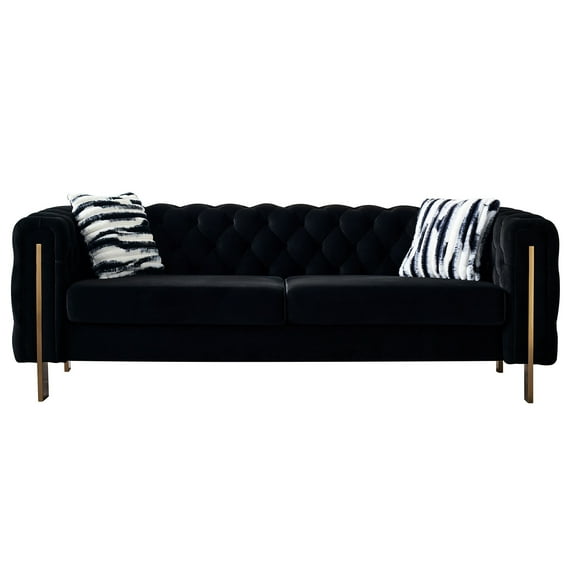 84.25''w Velvet Couch For Living Space, With Materials, Black Room , 84.25''w, Gold Legs And Removable Cushions,