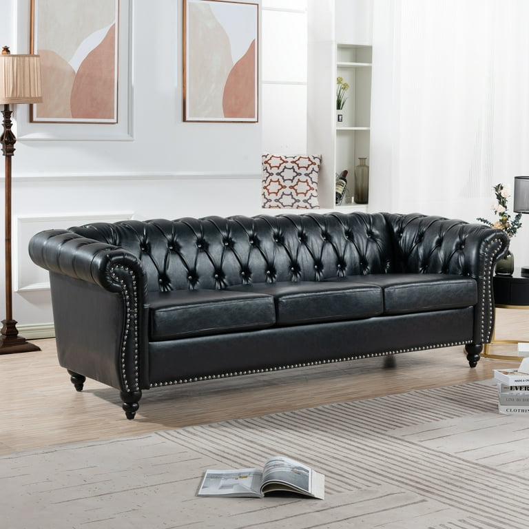 84 3 Seater Sofa Modern PU Leather Design Upholstered Sofa with Pleated Rolled Arms and Silver Stud Accents Comfortable Button Style Couches for