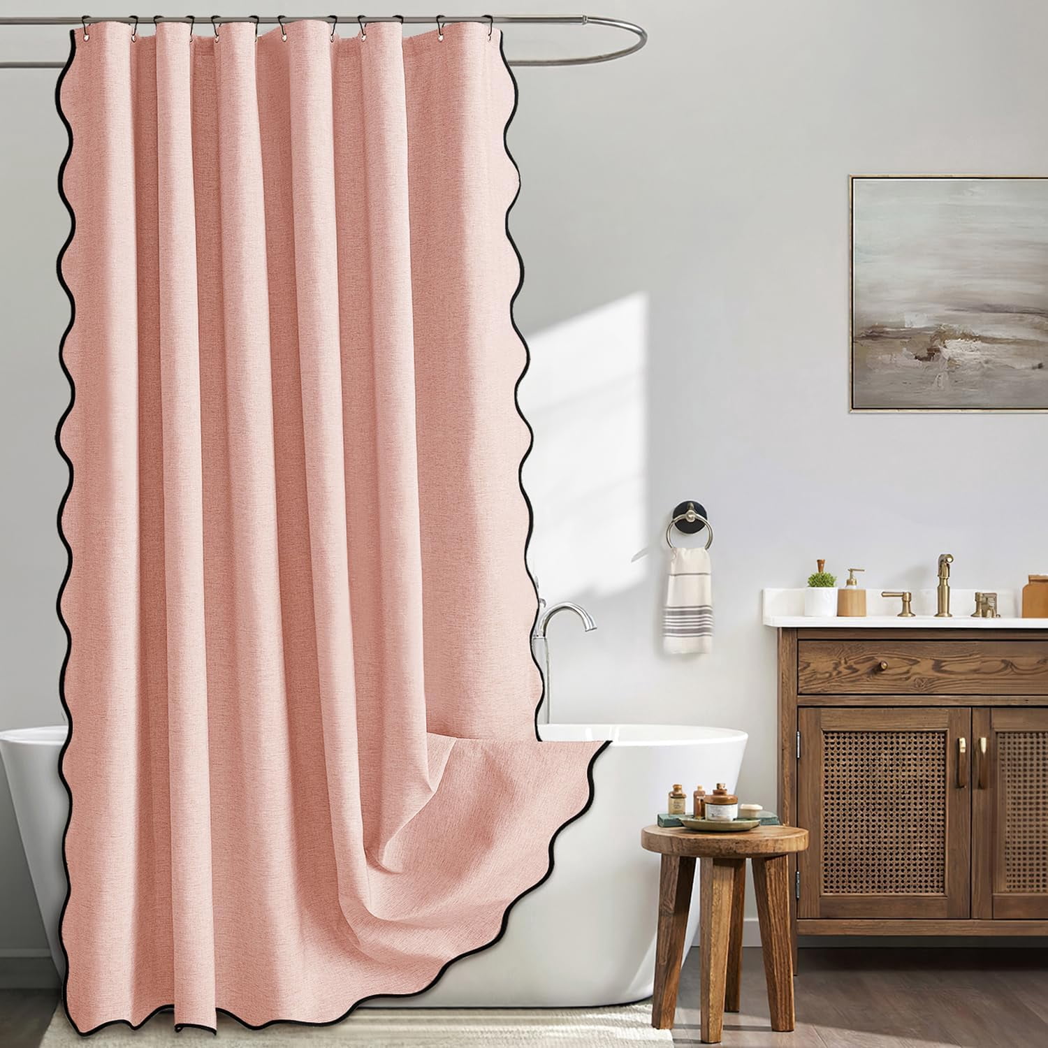 84" Long Scalloped Shower Curtain Linen Textured with 12 Metal Hooks Cute Extra Long Heavy Duty Washable Waterproof Cloth Curtains with Black Border for Bathroom Hotel Bathtub,Blush Pink