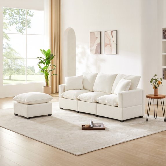 84*57" Modern Modular Sofa, 4 Seat Chenille Sectional Couch Set with 2 Pillows Included, Freely Combinable Indoor Funiture for Living Room, Apartment, Office, White