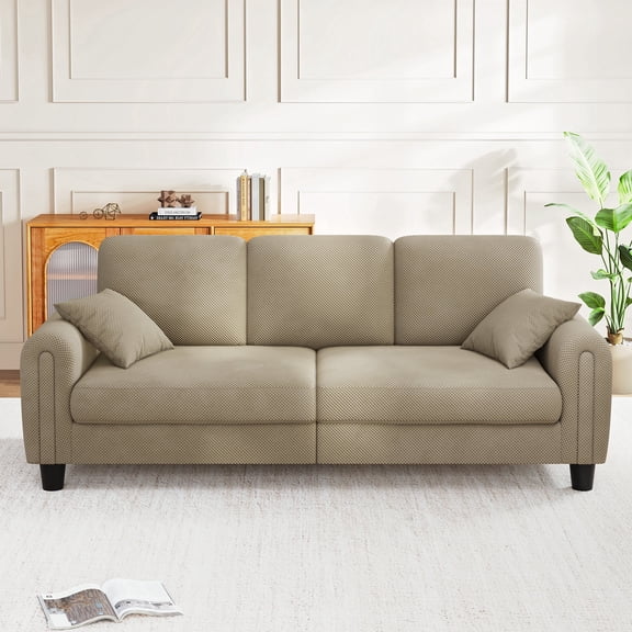 84.6" 3 Seater Sofa Couch, Modern Upholstered Living Room Sofa with Soft Textured Fabric, Deep Seats, 2 Pillows, Camel