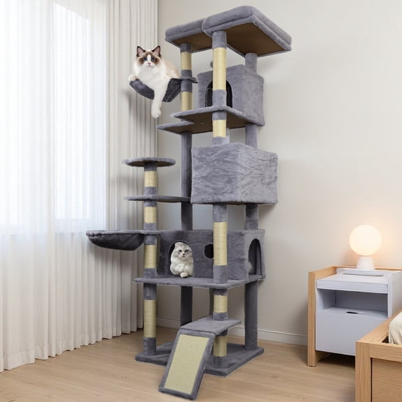 84.6-Inch Cat Tree Tower with 11 Sisal Scratching Posts, 3 Large Condos, 2 Hammocks, and Interactive Toys for Indoor Cats, Dark Gray