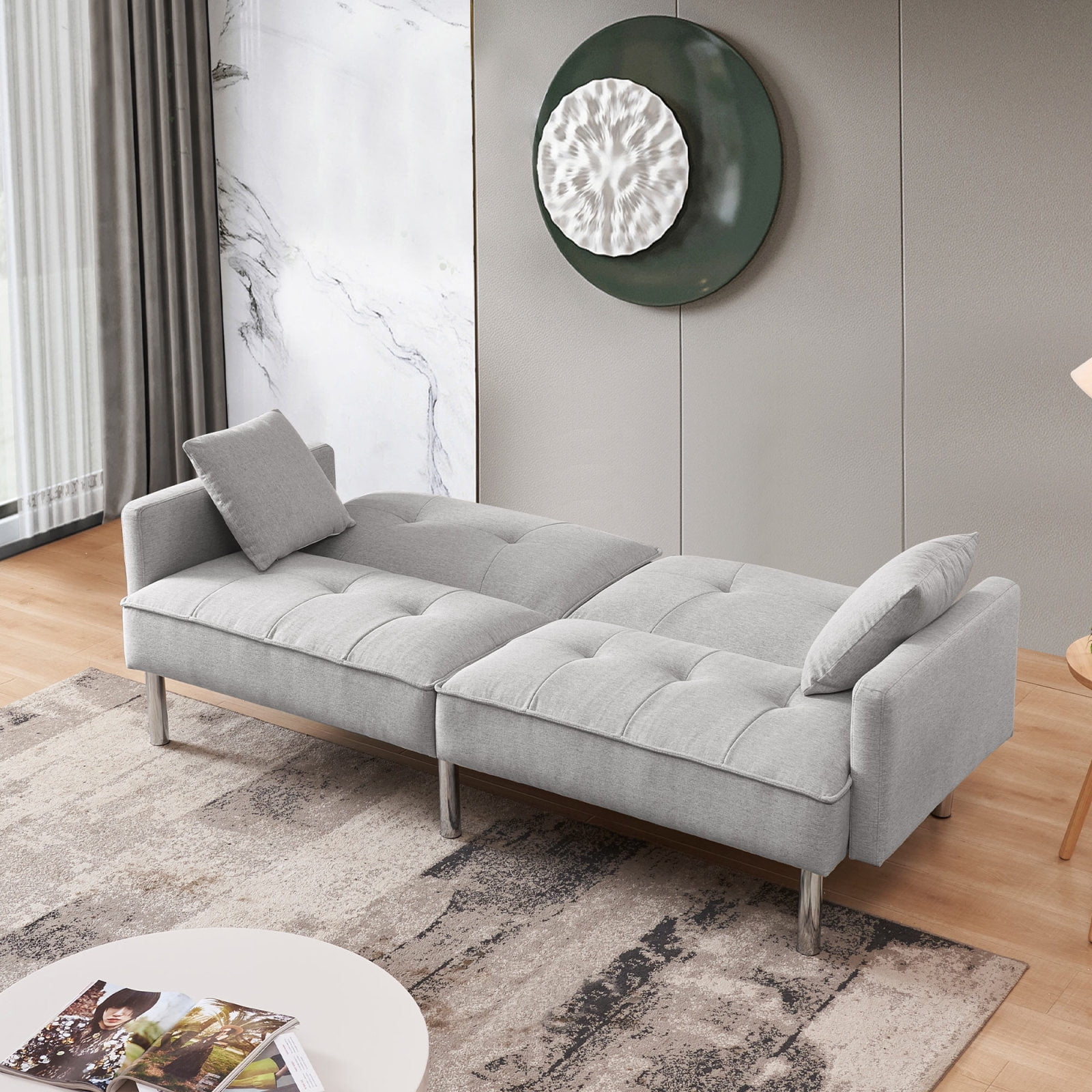84.6 Inch Extra Long Futon Adjustable Sofa Bed in Light Grey Modern