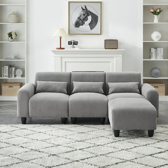 84.6 Inch L Shaped Corduroy Fabric Sofa, 3 Seater Upholstered Couch with Chaise & 3 Waist Pillows, Modular Sectional Lounge Sleeper Sofa for Living Room, Gray