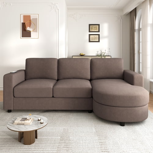 84.6 Inch L-Shaped Sectional Sofa with Curved Chaise Lounge, Modern Chenille Couch with USB Ports and Side Storage Pockets for Living Room, Brown