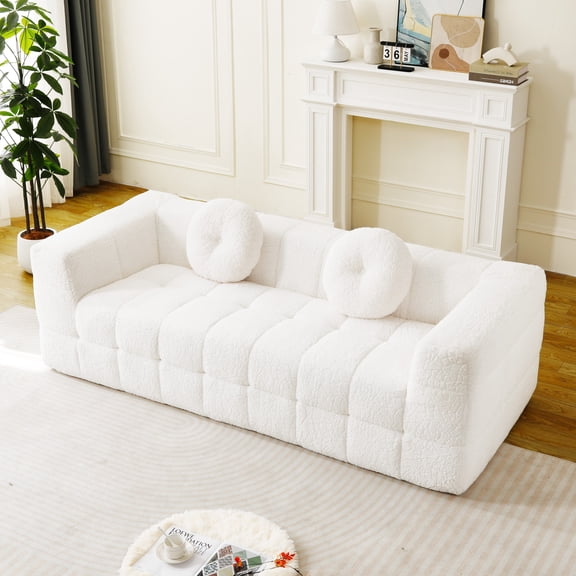 84.6-Inch Modern Boneless Couch with Two Circular Throw Pillows,Skin-friendly Lychee-textured Long-pile Polyester Fabric, Checkered Fabric Design Three-seater Foam Sofa (Beige)