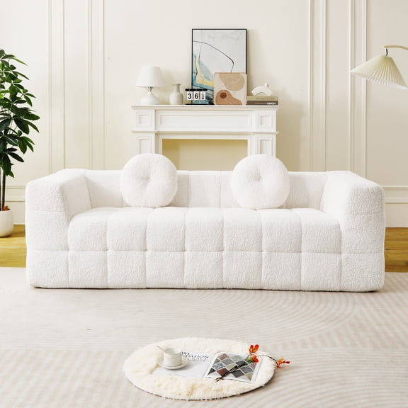 84.6-Inch Modern Boneless Sofa with Two Circular Throw Pillows, Checkered Fabric 3-Seater Couch, Skin-Friendly Lychee Texture Polyester No Assembly Needed for Living Room Apartment, Beige