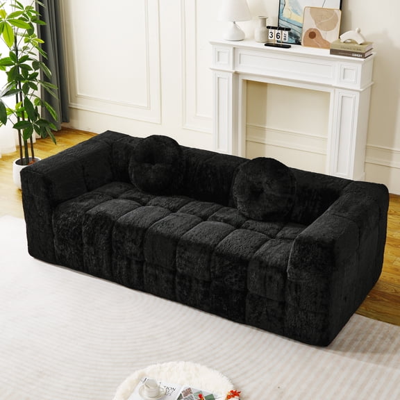 84.6" Modern Boneless Couch with Circular Throw Pillows, 3 Seater Checkered Fabric Sofa, Cloud-Like Comfort Sofa for Living Room Apartment, No Assembly, Black