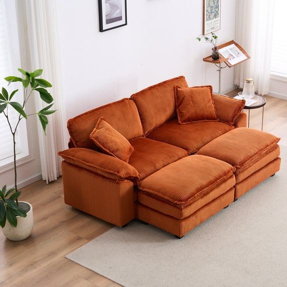 84.6" Sectional Couch with 2 Ottomans, Modern Corduroy Upholstered Fabric Chaise Longue with 2 Pillows, Comfy Deep Seat Couch Chair with Foot Stool for Livingroom Bedroom, Orange