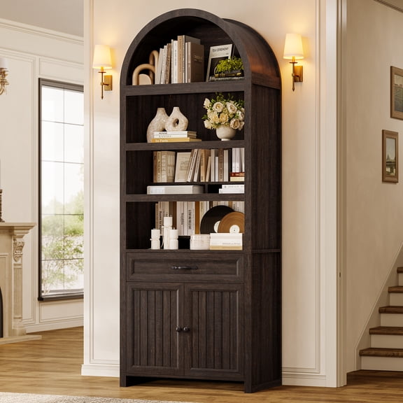 84.6" Tall Arched Bookcase, 6-Tier Arched Bookshelf with Cabinet & Drawers, Modern Display Storage Rack for Living Room, Bedroom, Home Office, Brown