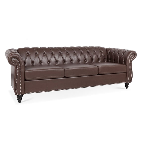 84.65 Inch 3-Seater Chesterfield Sofa, Rolled Arm PU Leather Couch, Sturdy Frame & High-Density Foam, TB117 Compliant for Living Room, Office & Lounge