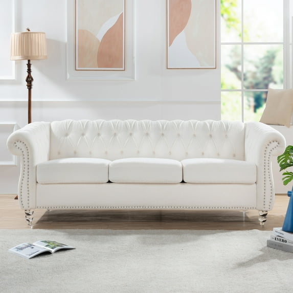 84.65 Inch Accent 3 Seater Sofa with Rolled Arms, Modern Upholstered Long Sofa with Solid Wood Legs, Leisure Sofa Couch for Bedroom, Living Room, Lounge, Office, Apartment, White Teddy Fabric
