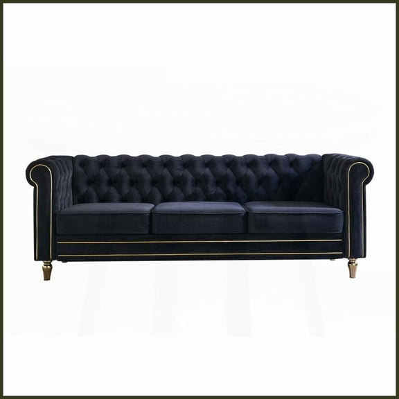 84.65" Modern Glam Velvet Chesterfield Sofa - 3-Seater Living Room Couch with Gold Accents & Plush Foam