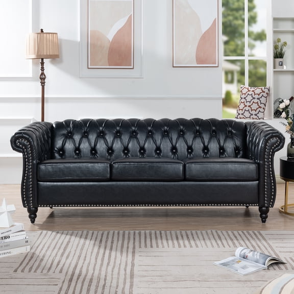 84.65" PU Leather Chesterfield Sofa, Rolled Arm 3-Seater with Classic Design for Living Room, Durable & Easy to Clean, Black