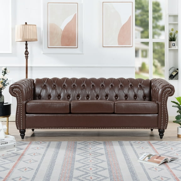 84.65" PU Leather Chesterfield Sofa, Rolled Arm 3-Seater with Classic Design for Living Room, Durable & Easy to Clean, Brown