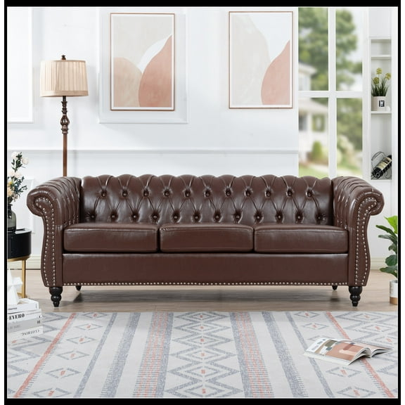 84.65"PU Rolled Arm Chesterfield Three Seater Sofa.