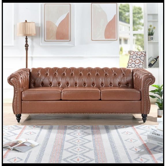 84.65"PU Rolled Arm Chesterfield Three Seater Sofa.