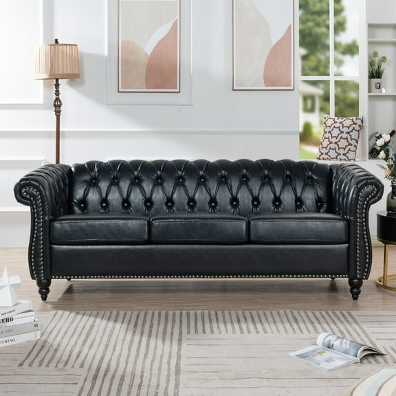 84.65" PU Three Seater Sofa,High Quality Modern Classic Sofa,Rolled Arm Chesterfield Couches for Living Room,Black