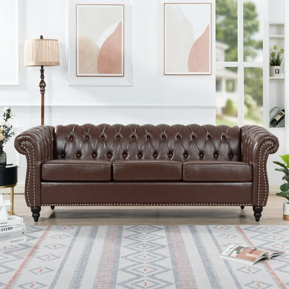 84.65" PU Three Seater Sofa,High Quality Modern Classic Sofa,Rolled Arm Chesterfield Couches for Living Room,Dark Brown