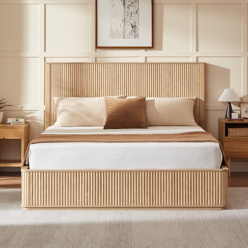 84.65" Queen Platform Bed Frame, Modern Minimalist, Tall Fluted Headboard, No Box Spring Needed, Sturdy Wood Slats for Bedroom, Oak
