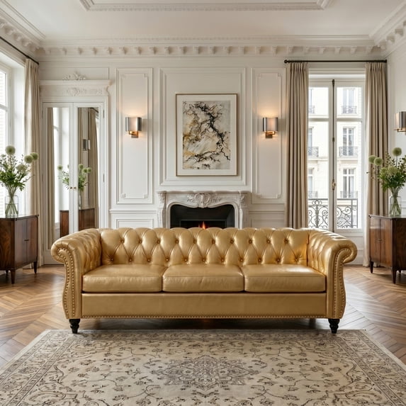 84.65" Rolled Arm Chesterfield 3 Seater Sofa (Gold)