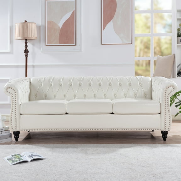 84.65" White PU Leather Chesterfield 3 Seater Sofa with Rolled Arms, Deep Button Tufting, Birch Legs - Elegant Living Room Furniture, TB117 Compliant