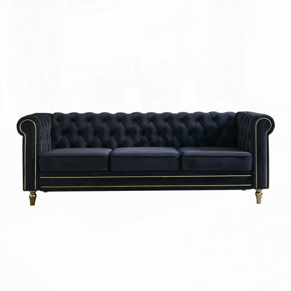 Modern Velvet Chesterfield Sofa 84.65 inch for Living Room Black