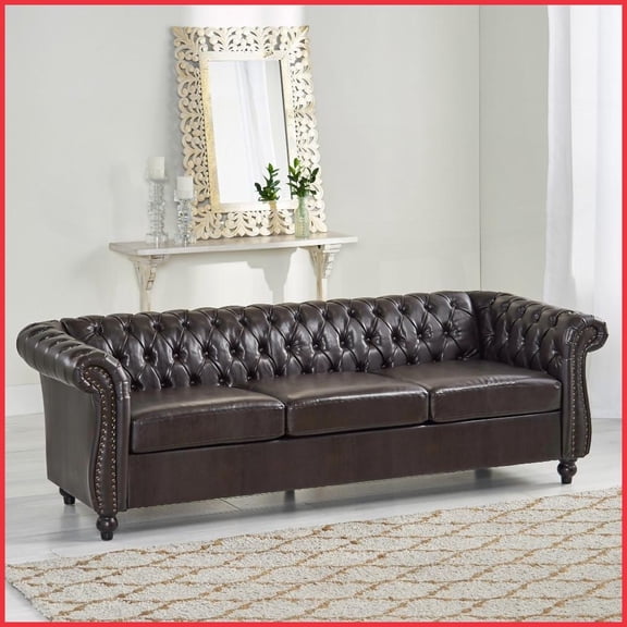84.75'' Chesterfield 3-Seater Sofa, Classic Tufted Upholstered Sofa for Living Room with Scrolled Arms & Nailhead Accents