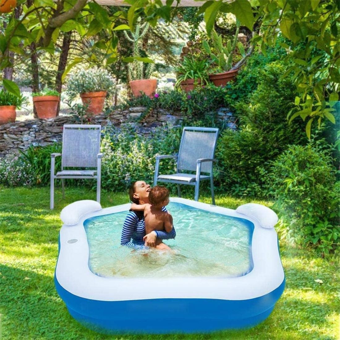 84"×82"×27" 2-Seat Inflatable Rectangle Pool, Family Paddling Pool with Headrest & Cup Holder, Waterproof Wear-Resistant Summer Water Lounge for Outdoor Garden Backyard, Blue