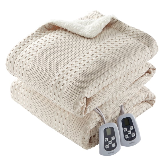 84*90 inch Heated Electric Blanket, Dual Control, 9 Heat Levels, 1-12H Auto-Off Timer, Soft Waffle Weave Sherpa, Machine Washable, Cozy Throw for Bed, Couch, Sofa, Khaki