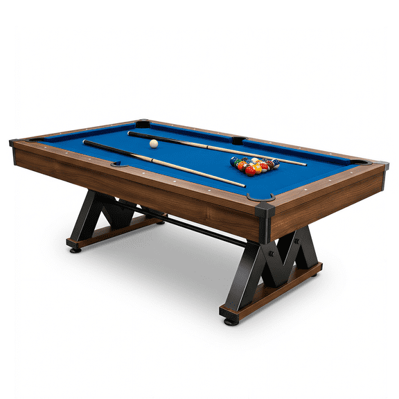 84 Billiard Table with Rustic Brown Finish, K-Shaped Legs and Royal Blue Cloth for Family Game Room, Adult Rrec Room, Basements, Man cave, or Garage