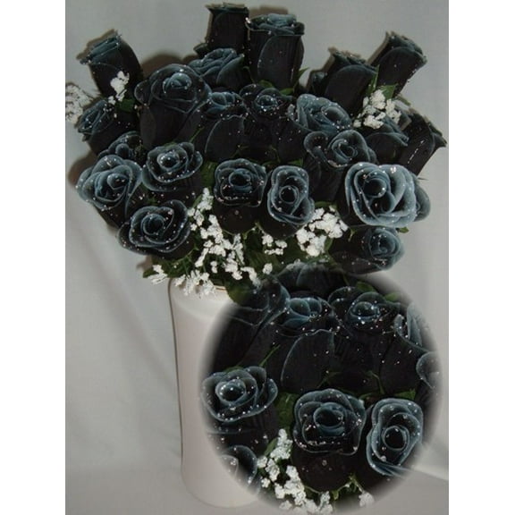 84 Black / White Silk Rose Flowers w/Raindrops - Wedding Flowers- Bridal/Floral - Centerpiece Flower Arrangement Supplies- Bridal Bouquet Roses