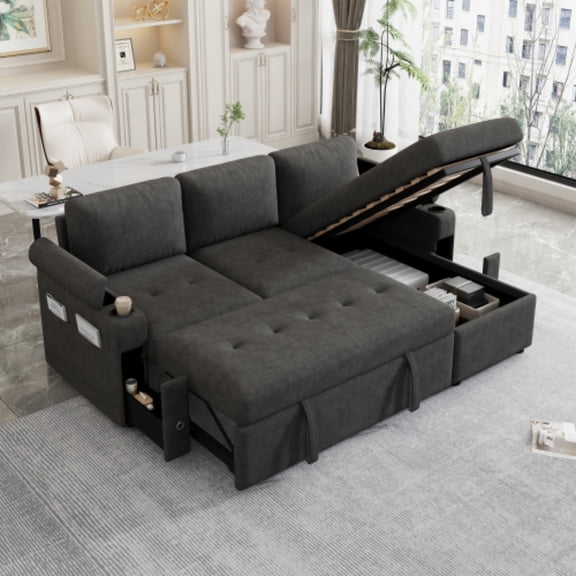 84" Chenille Convertible Sofa Bed, Adjustable Fabric Pull-Out Sleeper Sofa with Ample Storage, Queen Size Fabric Pull-Out Sofa Bed with Cup Holders for Living Spaces, Black