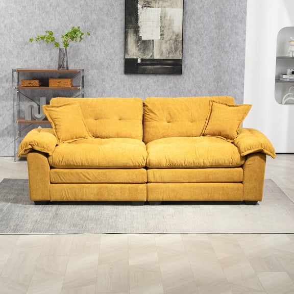 84" Chenille Loveseat Sofa, Deep Seat Couch with Memory Foam & Pocket Springs, Includes 2 Throw Pillows, 600lbs Capacity, for Living Room & Apartment, Yellow
