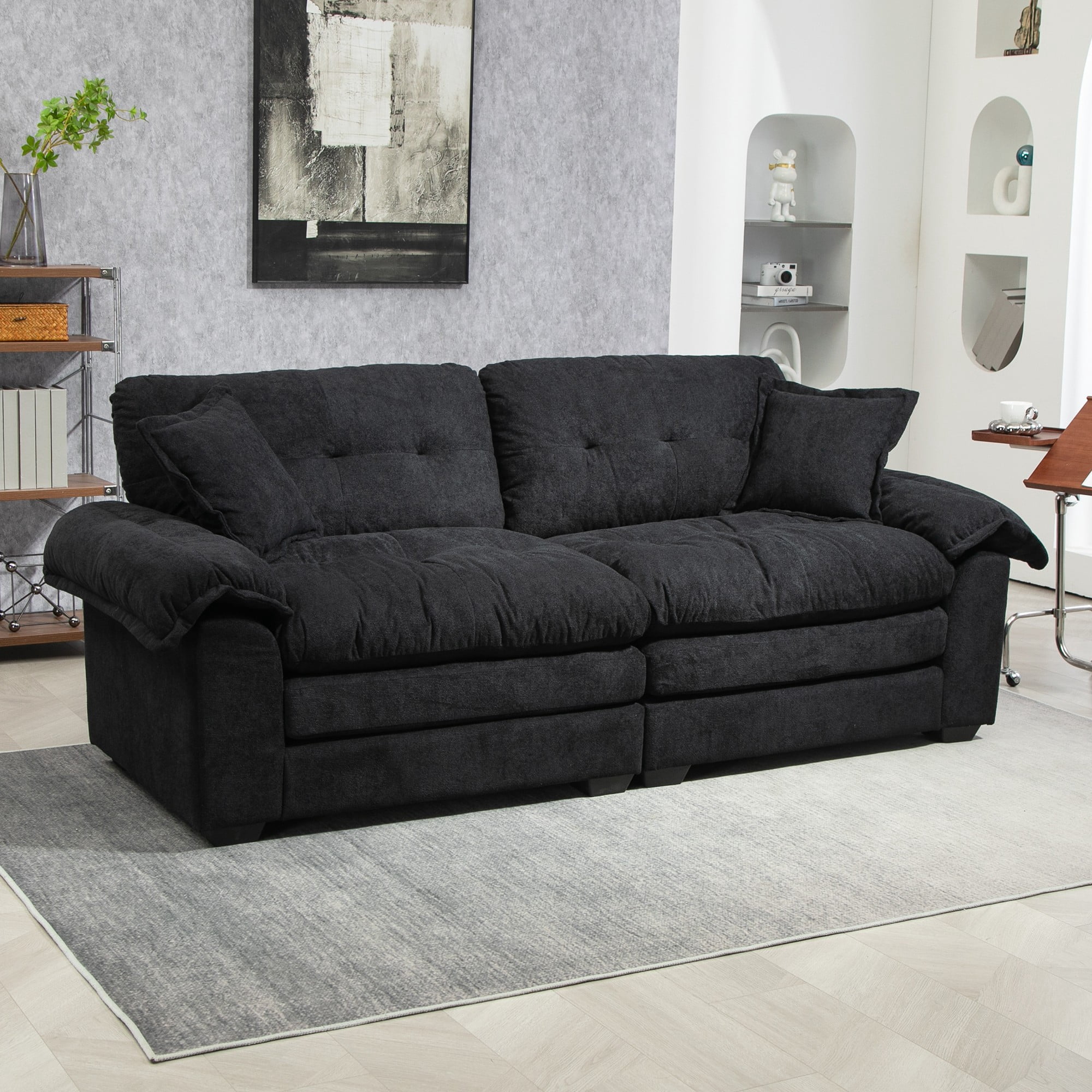 84" Chenille Loveseat Sofa Upholstered Deep Seat Sofa Couch with 2 Throw Pillows for Living Room Apartment Office,Black