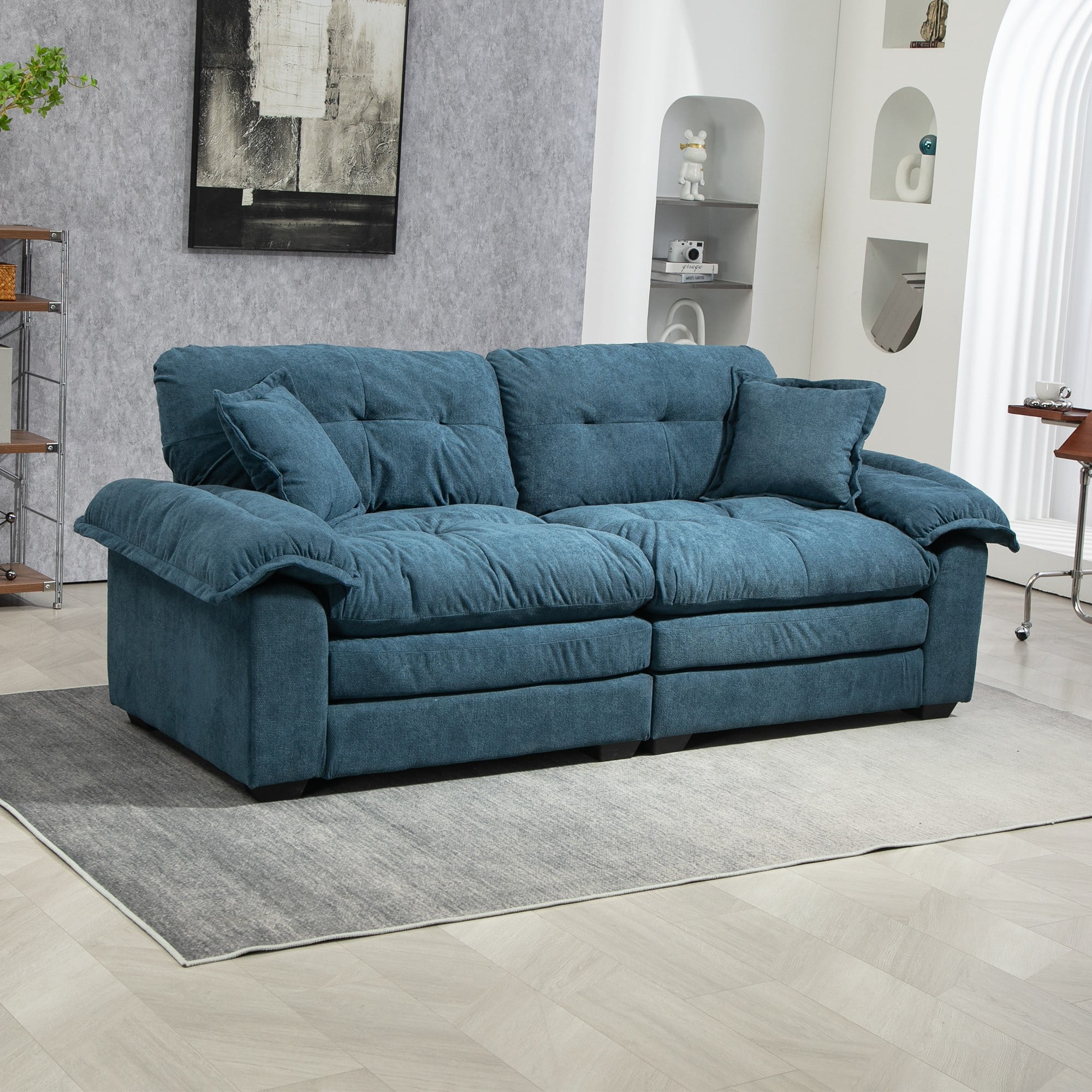 84" Chenille Loveseat Sofa Upholstered Deep Seat Sofa Couch with 2 Throw Pillows for Living Room Apartment Office,Blue